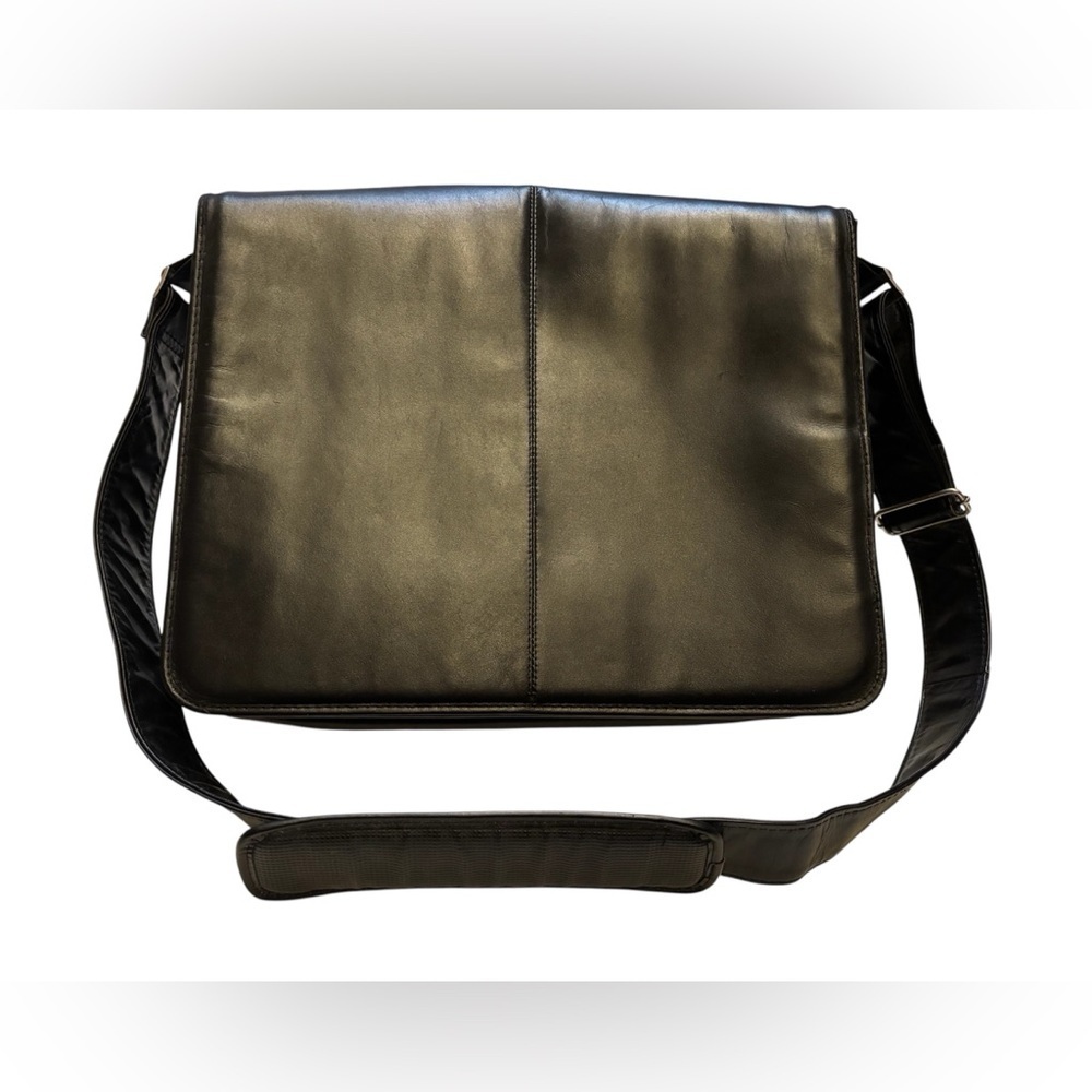 McKlein Black Leather Laptop Messenger Bag Flap Over Crossbody Briefcase